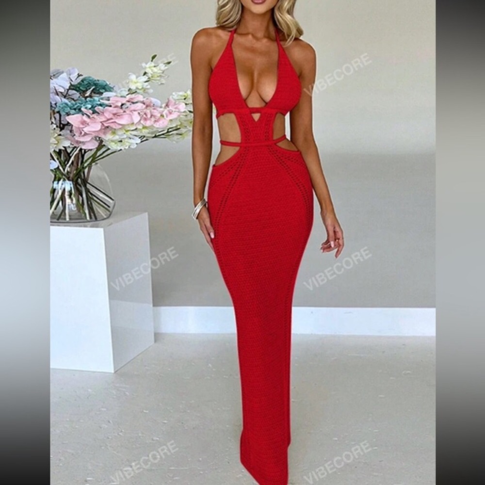 Women Sexy Hollow Out Wool Halter Backless Party Vacation Beach Dress Summer